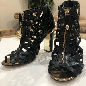 Ivanka Trump Black Leather Block Heels with Gold